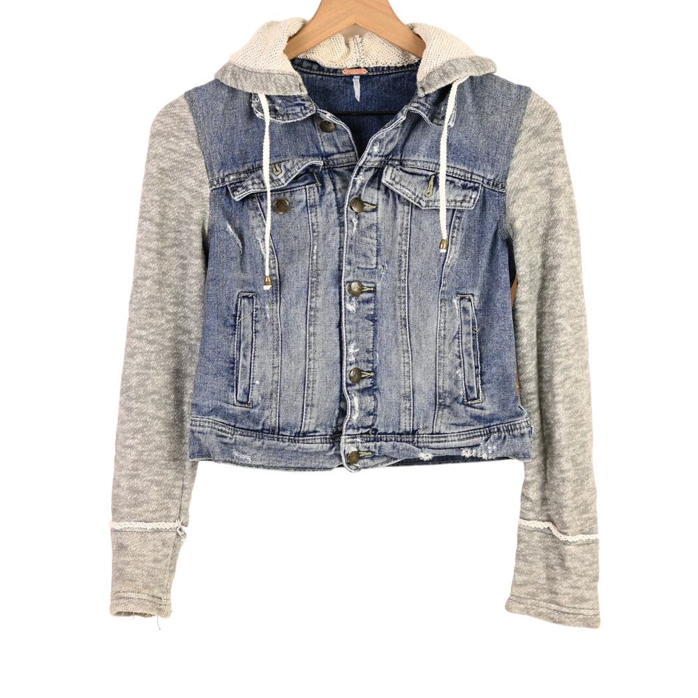 Free People Denim Knit Hooded Jacket, XS